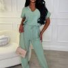 Online Everyday Elegance Green Elasticated Hem Belted Jumpsuit Jumpsuits