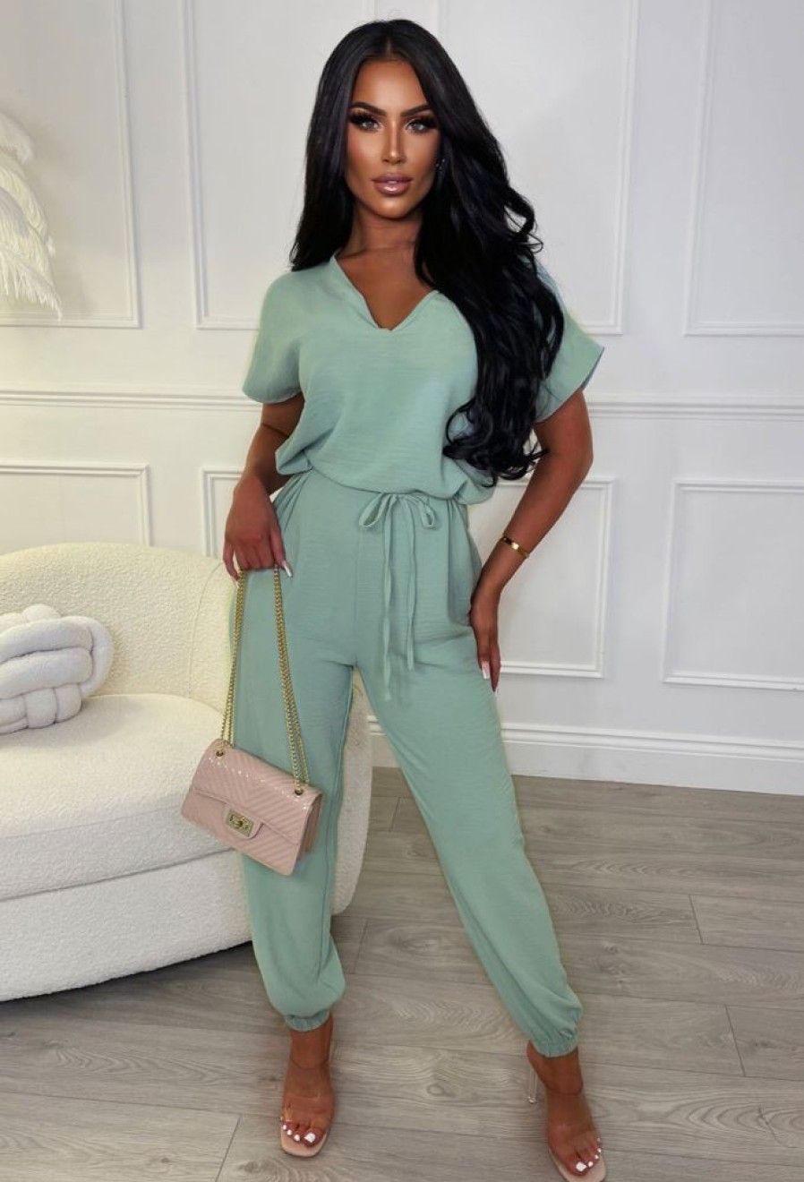 Online Everyday Elegance Green Elasticated Hem Belted Jumpsuit Jumpsuits