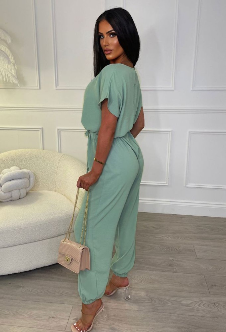 Online Everyday Elegance Green Elasticated Hem Belted Jumpsuit Jumpsuits