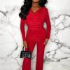 Clearance Beyond Chic Red Cowl Neck Long Sleeve Double Layer Two Piece Loungewear Set Loungewear