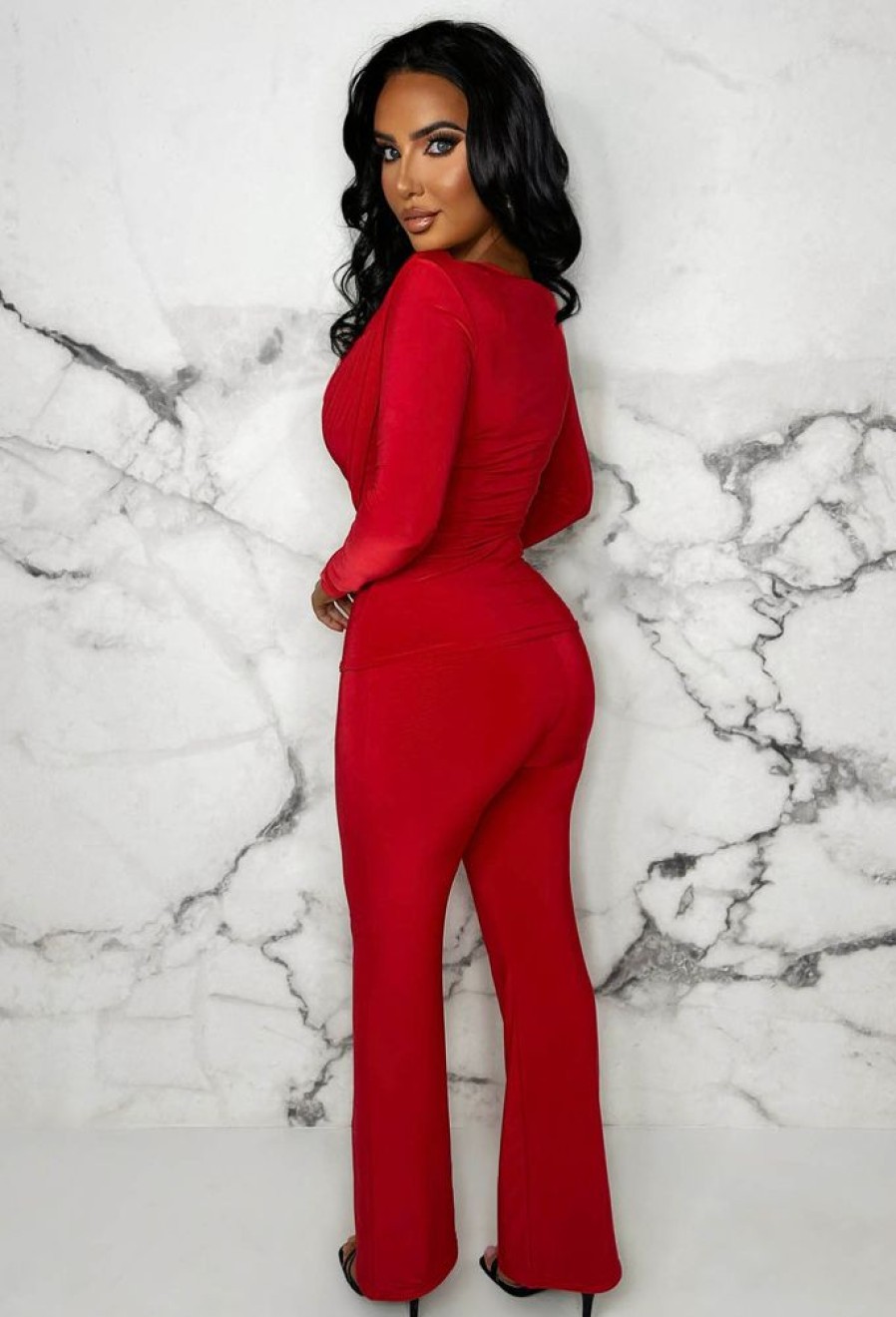 Clearance Beyond Chic Red Cowl Neck Long Sleeve Double Layer Two Piece Loungewear Set Loungewear