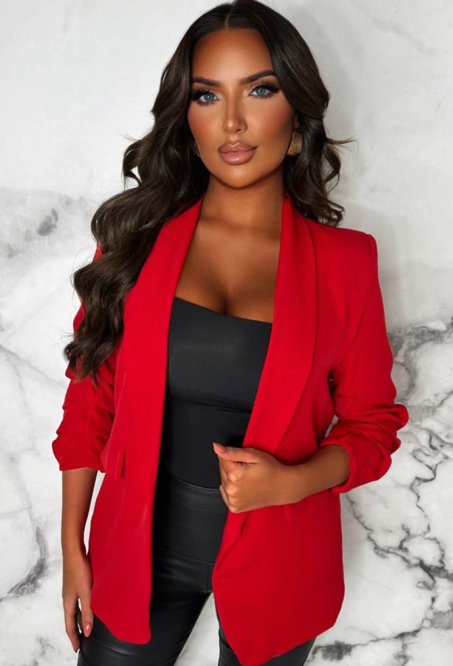 Wholesale Always Iconic Red Shawl Ruched Sleeve Blazer Coats And Jackets