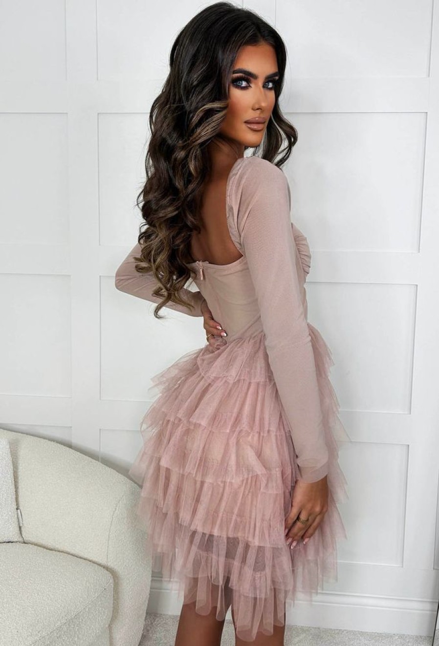 Clearance Glam Princess Nude Long Sleeve Padded Cup Tulle Skirt Mini Dress Dresses