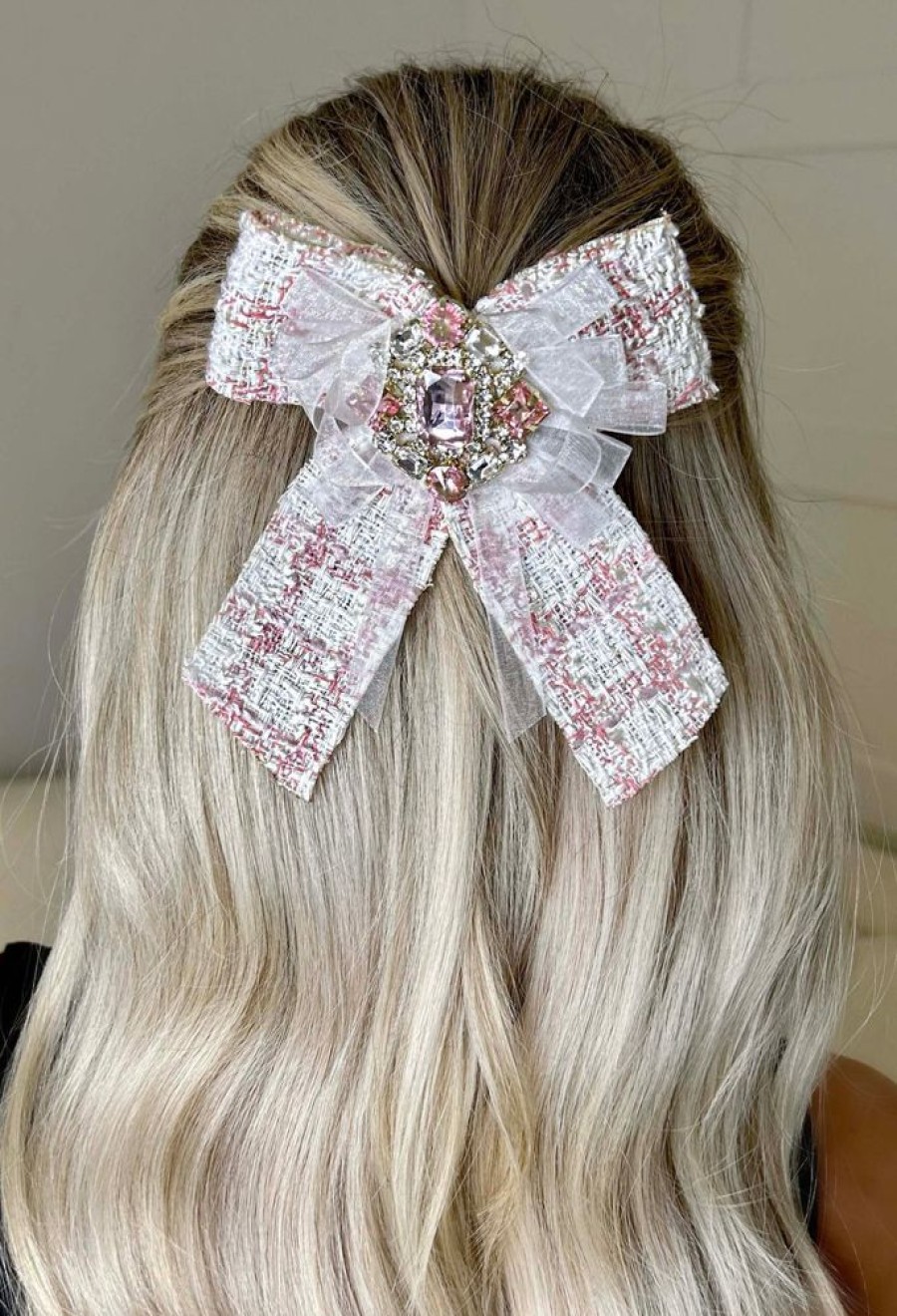 Online Chic Soiree Pink Tweed Diamond Embellished Hair Clip And Brooch Hair Accessories