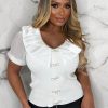 Clearance Divine Diamond White Diamante Frill Puff Sleeve Top Limited Edition Tops