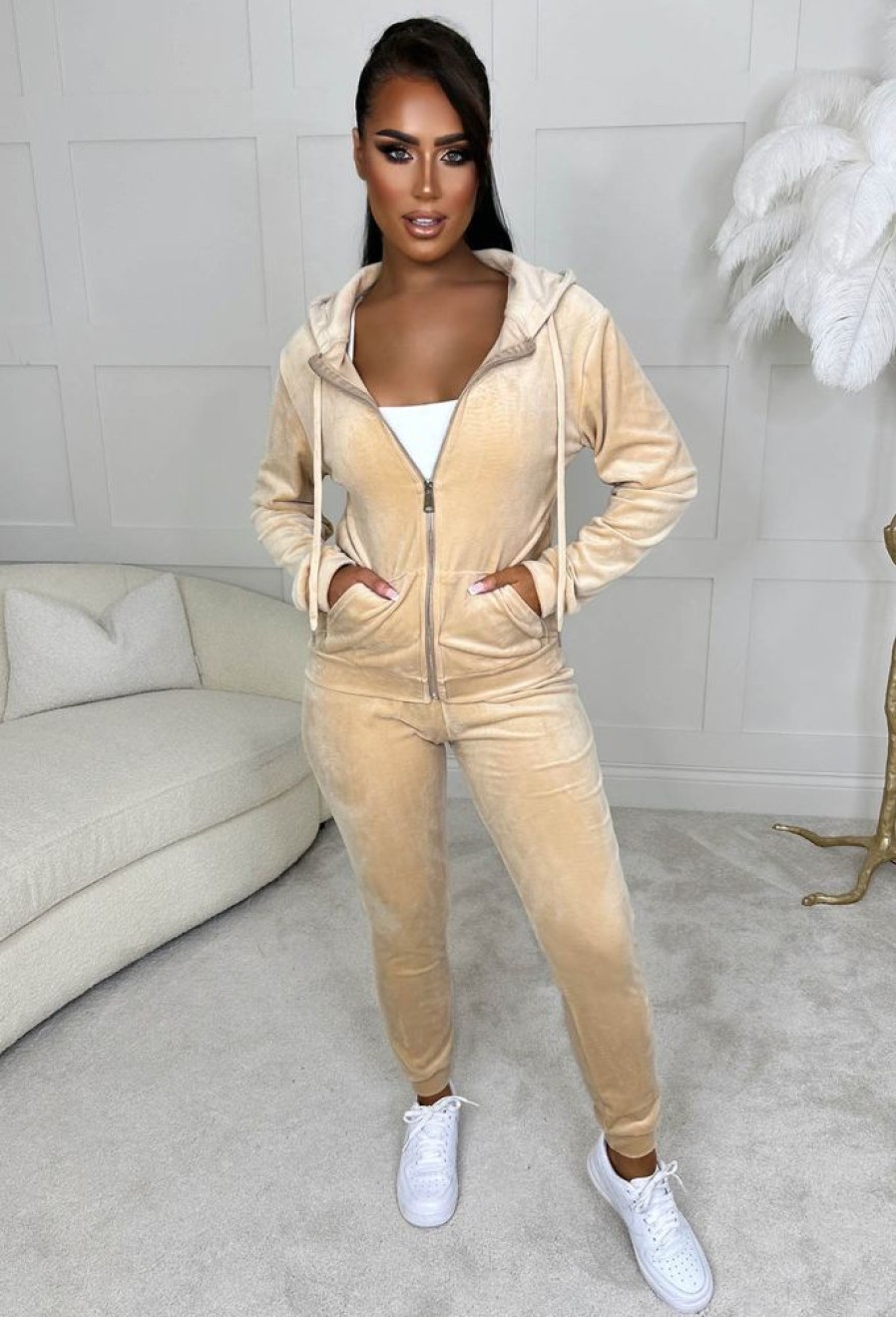 New Lounge Season Beige Velour Hooded Zip Up Loungewear Set Loungewear