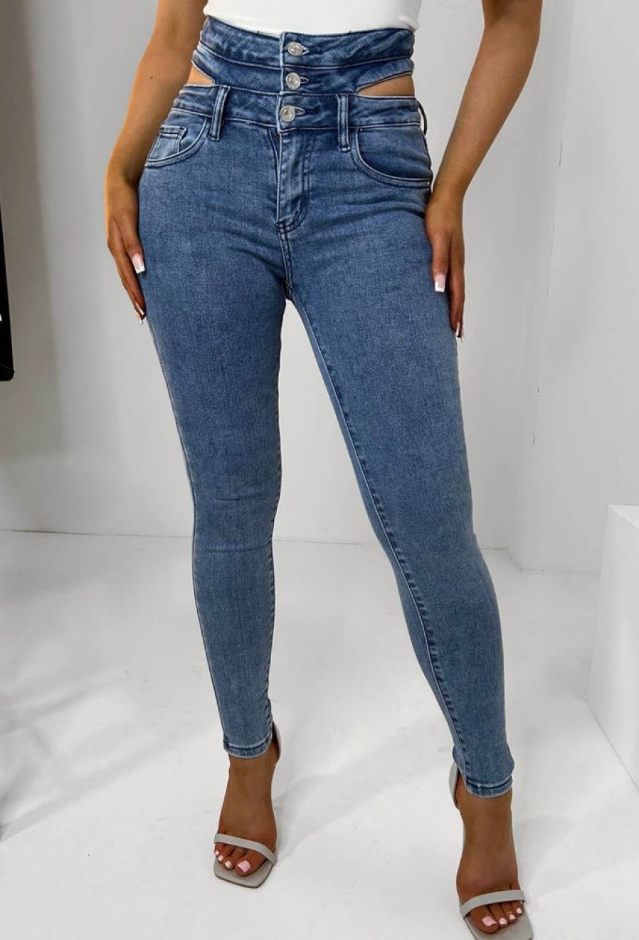 Best Wrapped In Desire Mid Blue Cut Out High Waisted Stretch Skinny Jeans Jeans