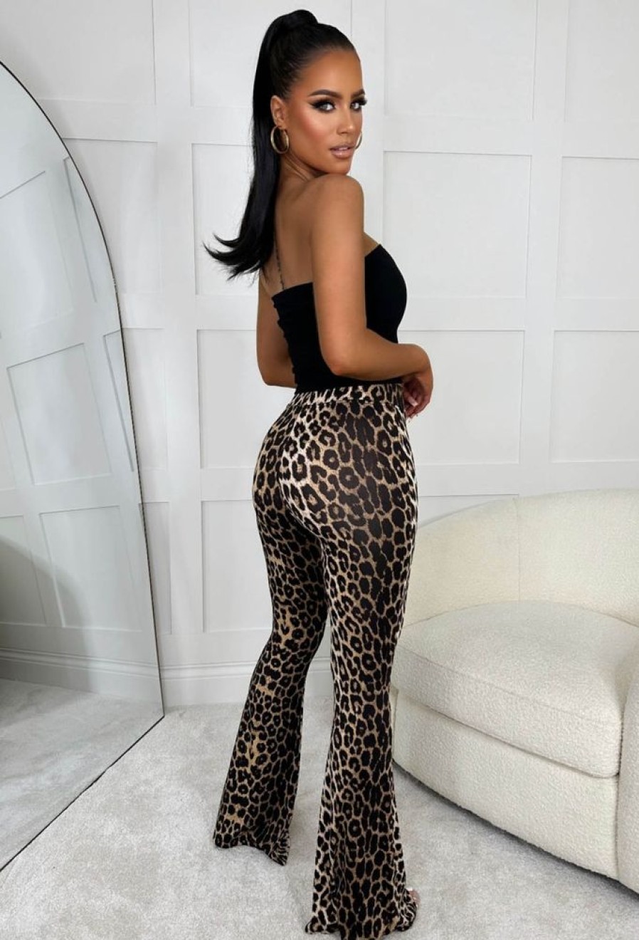 Hot Run Wild Leopard Printed Bell Bottom Jersey Trouser Trousers & Leggings