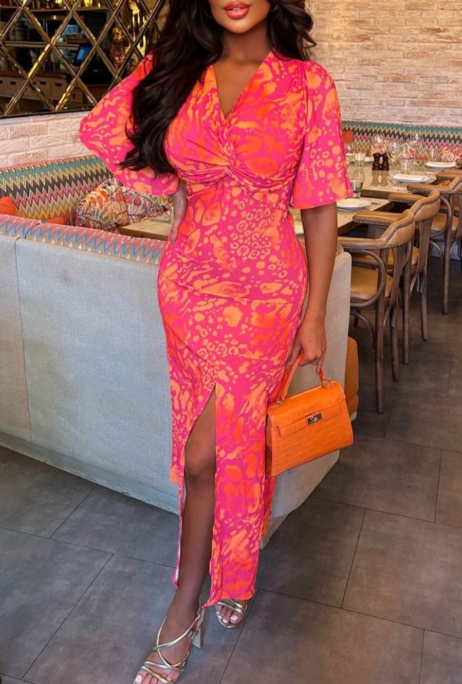 Online Vivid Glamour Coral Printed Knot Front Midi Dress Dresses