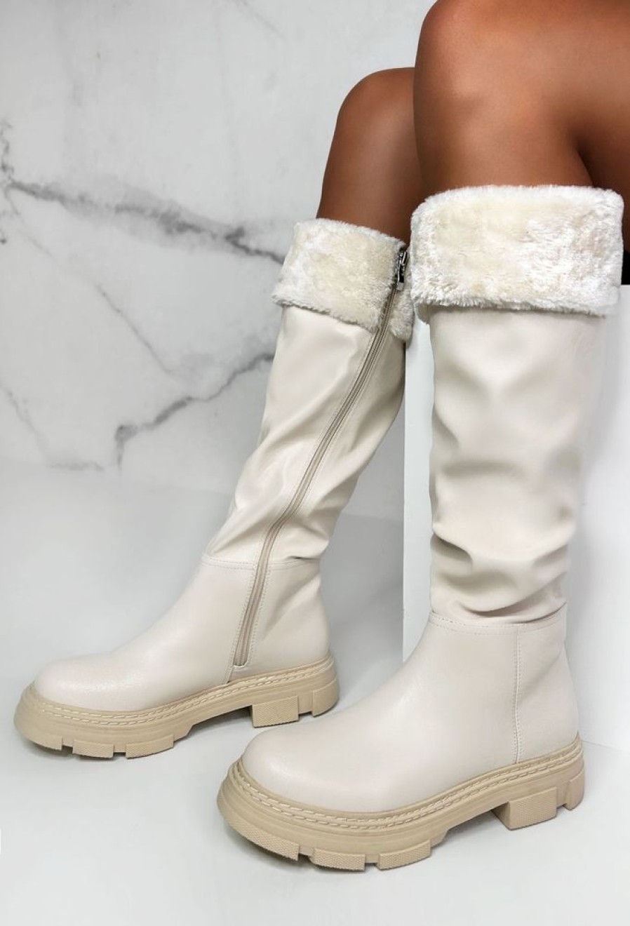 Wholesale Bringing The Style Cream Faux Fur Trim Knee Boots Boots