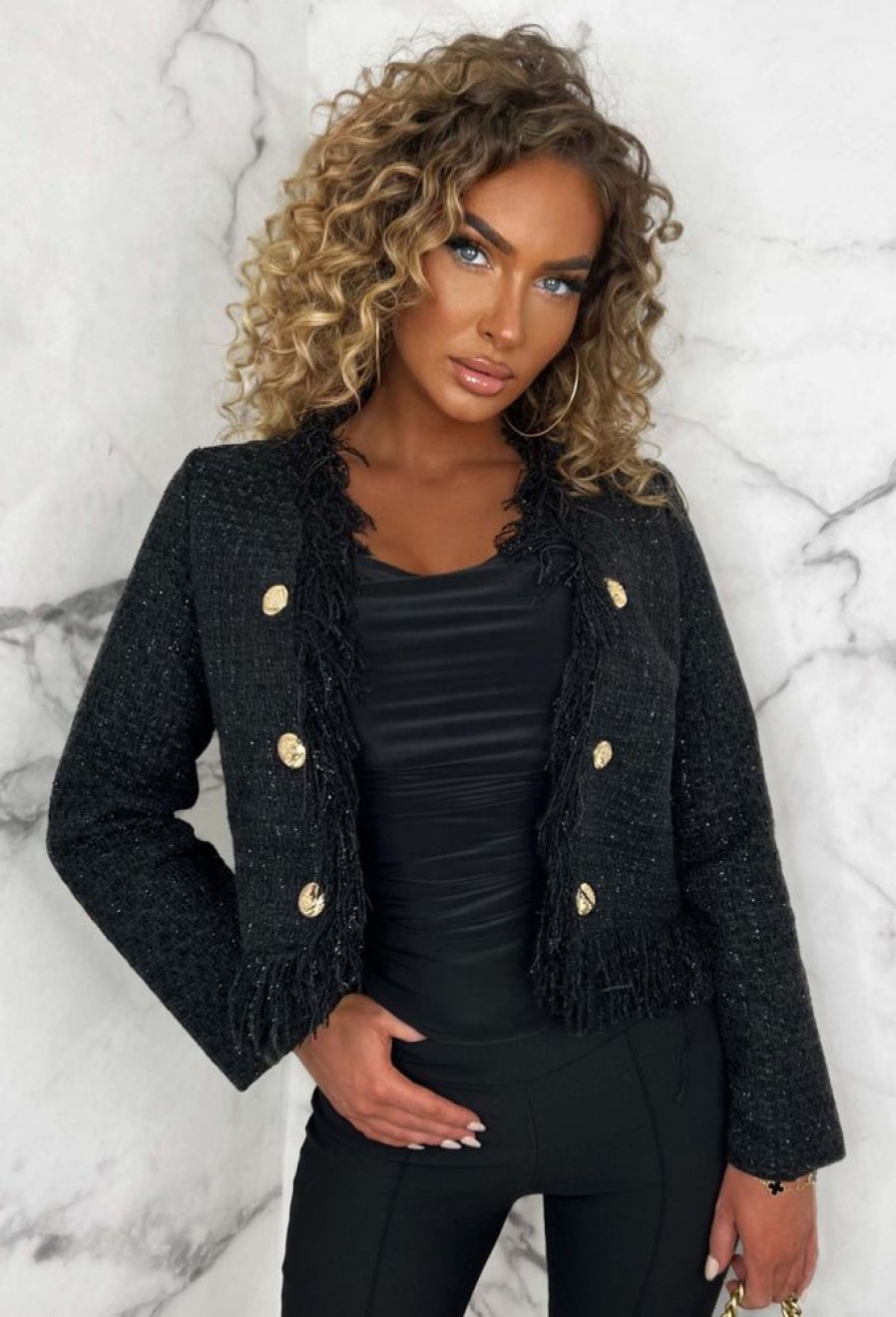 New Exclusively Chic Black Tweed Collarless Tassel Cropped Jacket Coats And Jackets