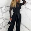 Best Blissful Chic Black Mesh & Plain Wide Leg Belted Jumpsuit Jumpsuits