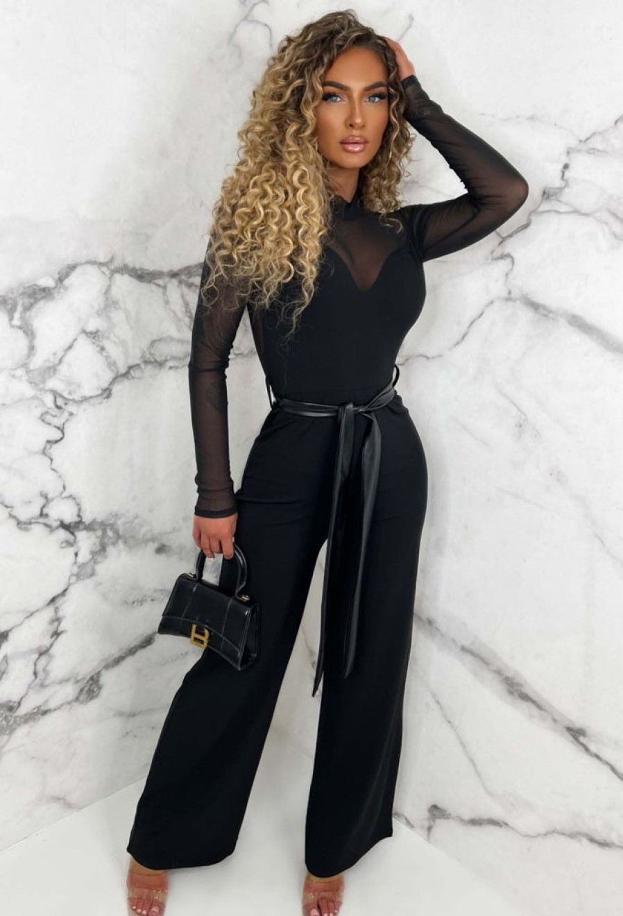 Best Blissful Chic Black Mesh & Plain Wide Leg Belted Jumpsuit Jumpsuits