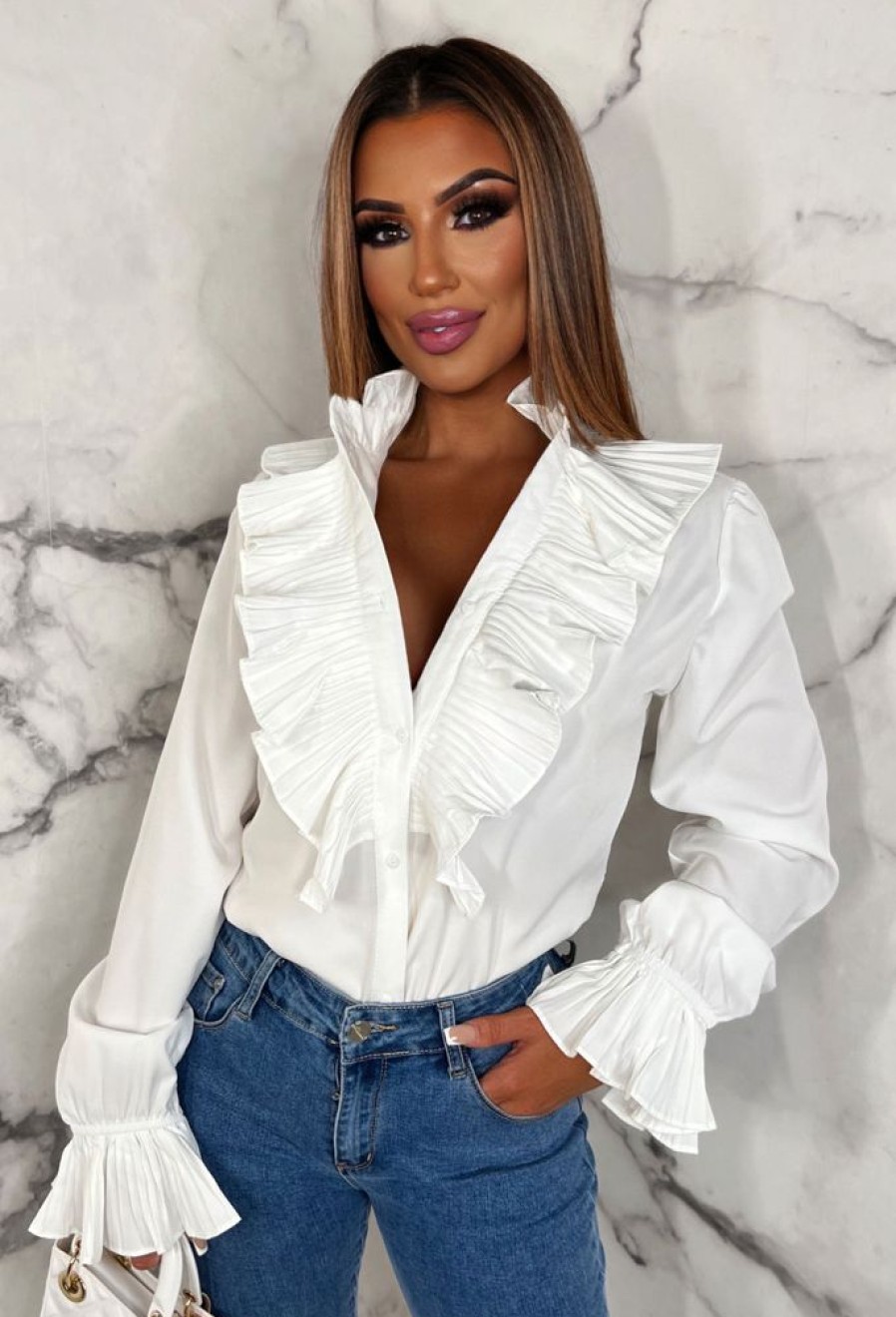 Hot It Girl White Button Up Frill Blouse Tops