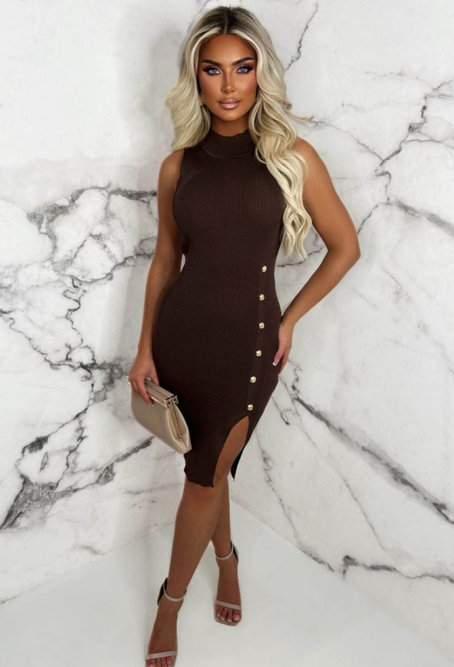 Online Couture Luxury Chocolate Brown Gold Button Sleeveless Ribbed Midi Dress Dresses