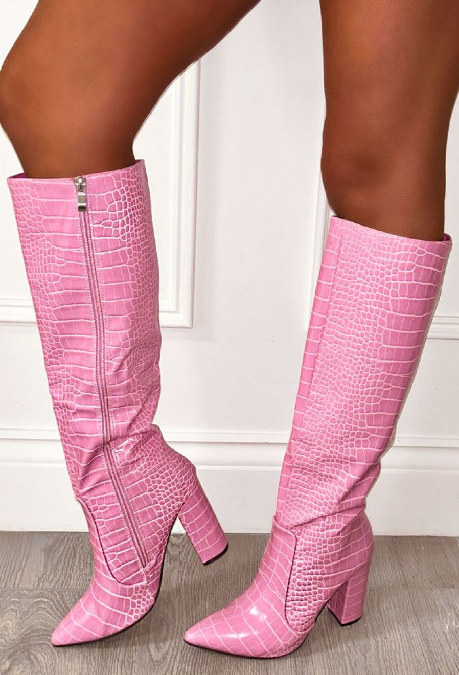 Online All You Want Pink Croc Effect Knee High Block Heel Boots High Heels