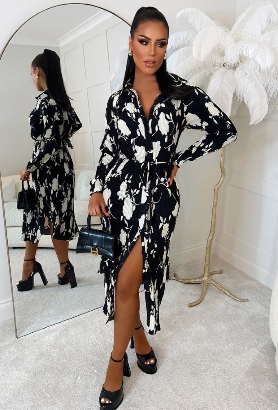 Clearance Camellia Black Floral Print Plisse Belted Midi Shirt Dress Limited Edition Dresses