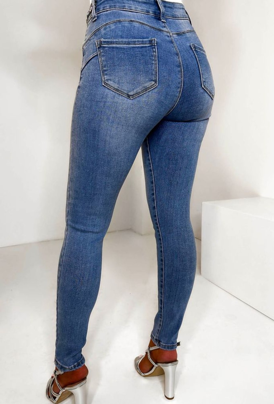 Wholesale Diamond Illusion Mid Blue Diamante Waistband Stretch Push Up Skinny Jeans Jeans