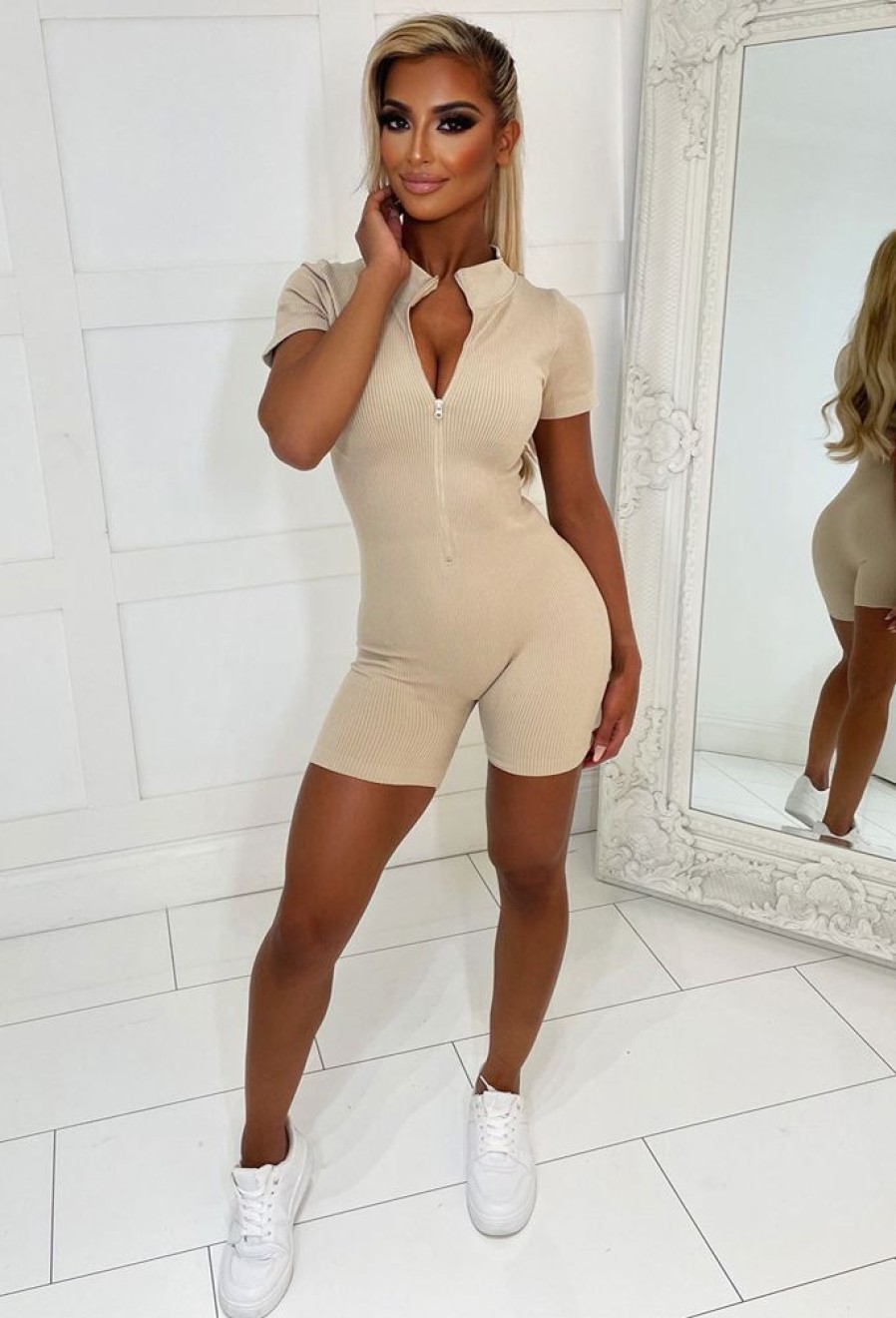 Wholesale Zip It Beige Sculpting Athleisure Unitard Playsuit Loungewear