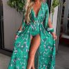 Clearance My Paradise Green Tropical Long Sleeve Bodysuit Split Leg Maxi Dress Summer Dresses