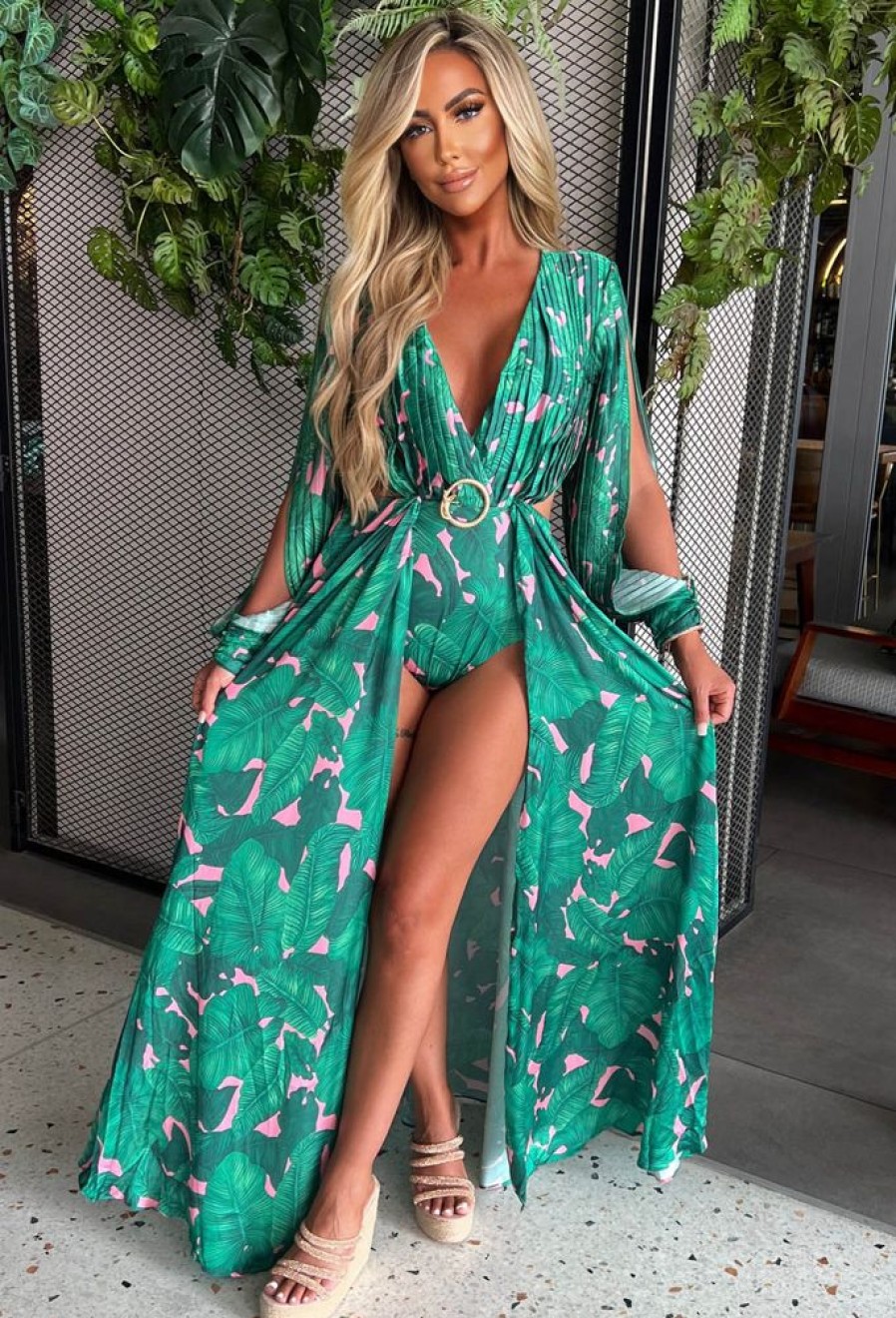 Clearance My Paradise Green Tropical Long Sleeve Bodysuit Split Leg Maxi Dress Summer Dresses