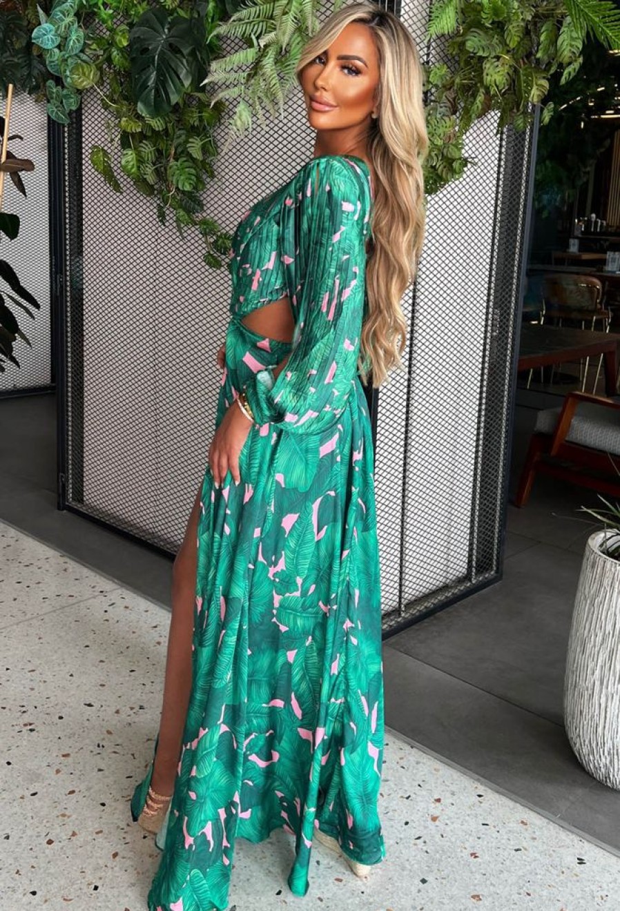 Clearance My Paradise Green Tropical Long Sleeve Bodysuit Split Leg Maxi Dress Summer Dresses