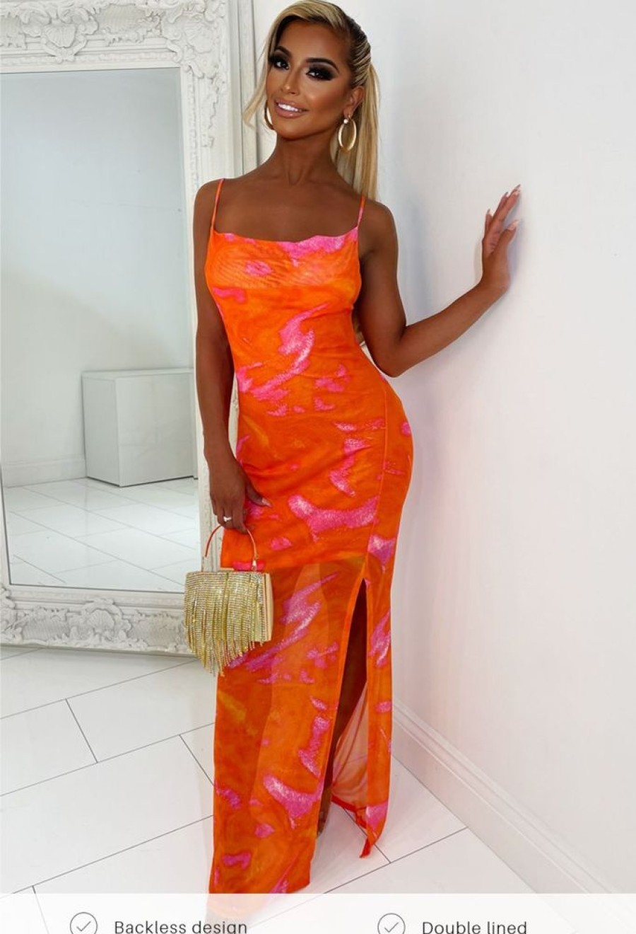 Clearance Meshy Heart Orange Marble Mesh Backless Maxi Dress Summer Dresses