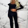 Hot Blissful Babe Black Square Neck Long Ruffle Sleeve Double Layer Two Piece Loungewear Set Loungewear