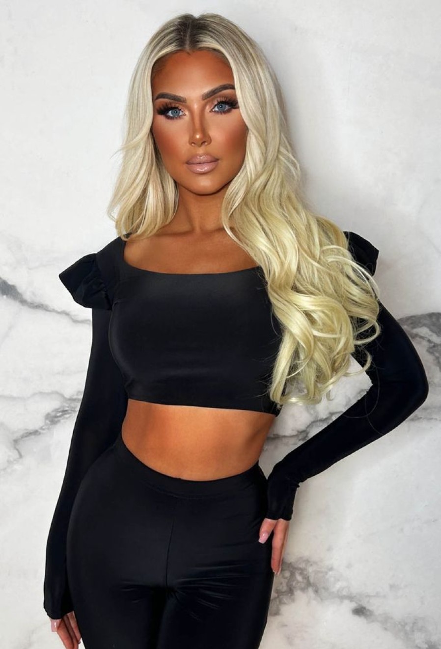 Hot Blissful Babe Black Square Neck Long Ruffle Sleeve Double Layer Two Piece Loungewear Set Loungewear