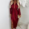 Online Cocktail Chic Red Stretch Long Sleeve Plunge Ruched Midi Dress Dresses