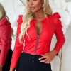 Online Zip Tight Red Faux Leather Puff Sleeve Collarless Zip Jacket Coats And Jackets