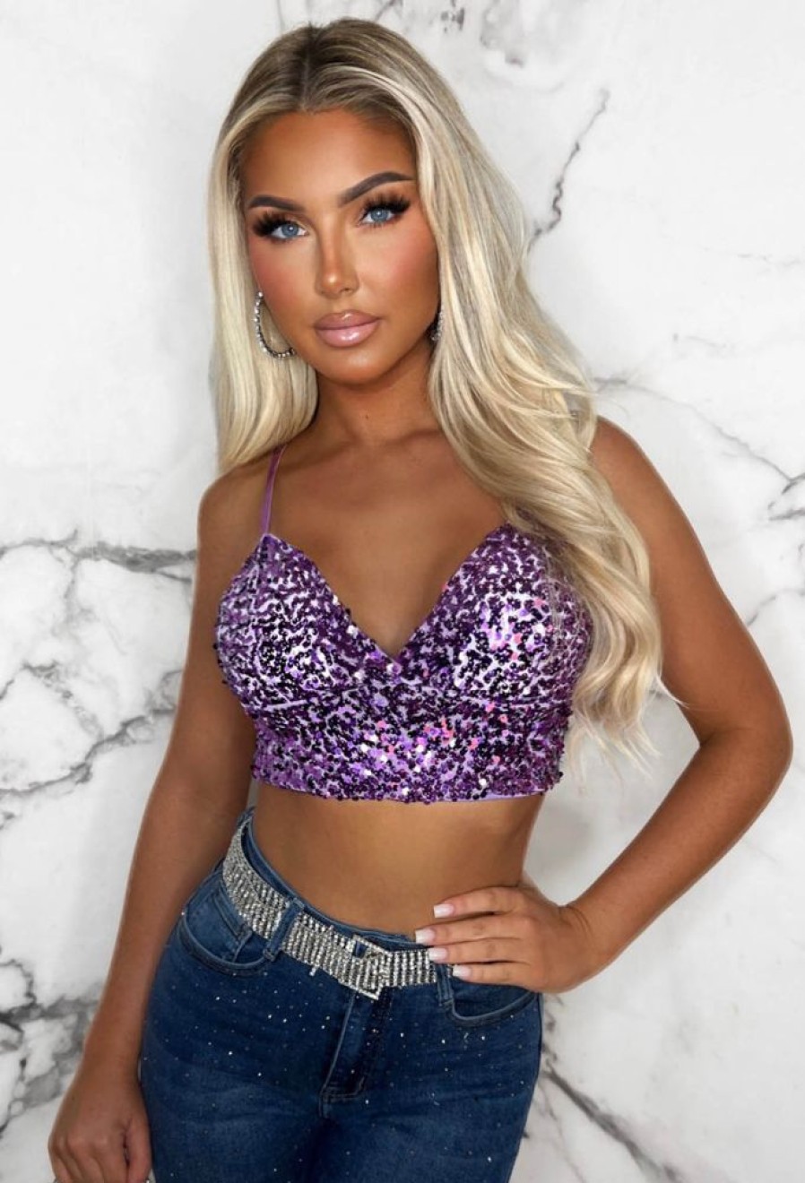 Online Sugar Coated Lilac Sequin Crop Top Crop Tops & Bralets