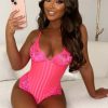 Online Bright & Beautiful Pink Neon Stripe Lace Lingerie Bodysuit Lingerie