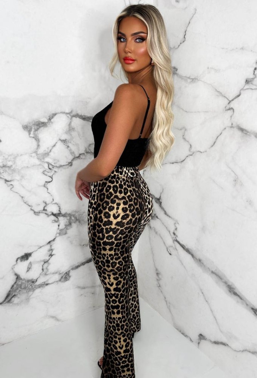 Wholesale Chic Perfection Leopard Flared Jersey Trousers Trousers & Leggings