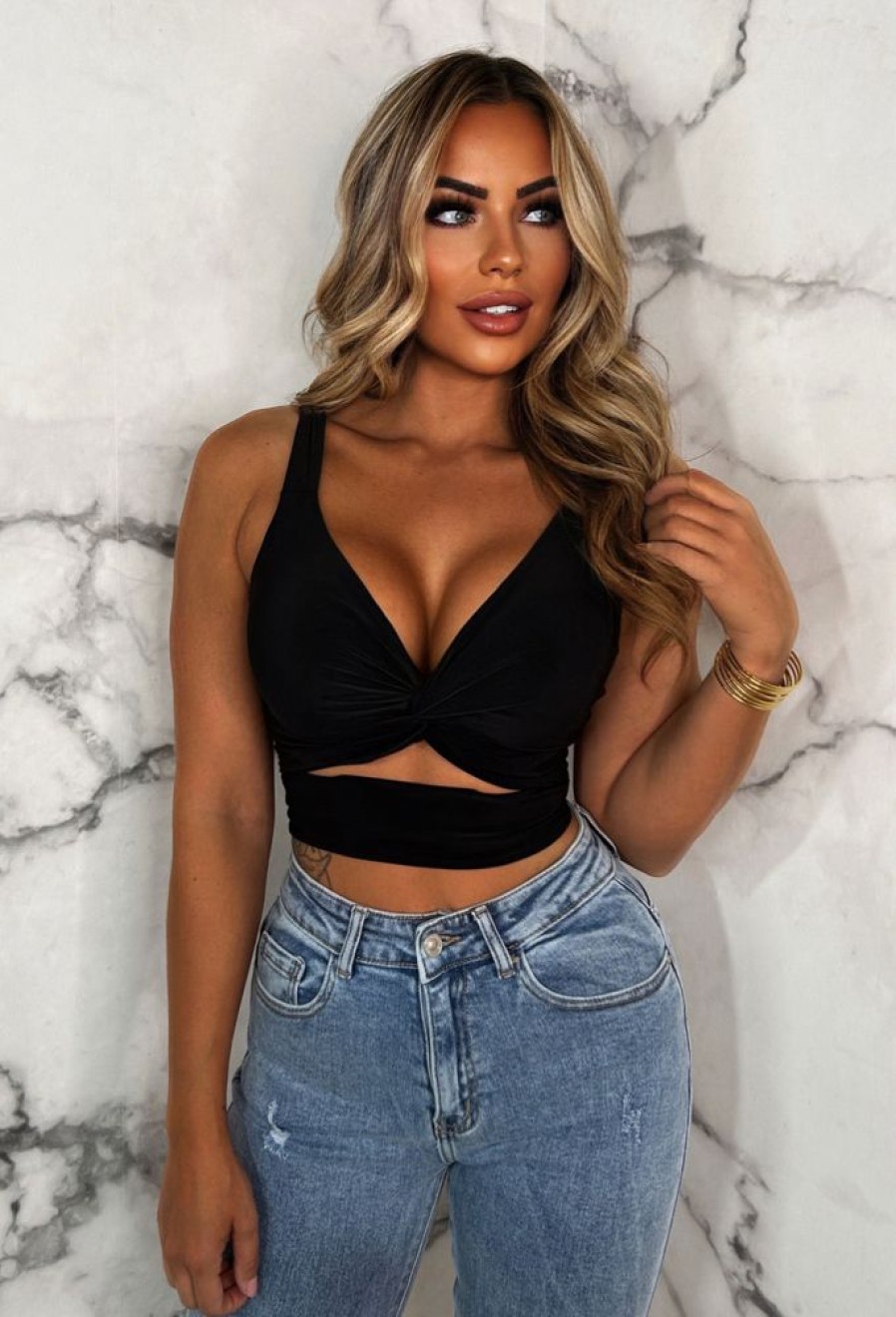 Wholesale Favourite Feeling Black Cut Out Crop Top Tops