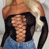 Best Taste Of Paradise Black Cut Out Mesh Hotfix Bodysuit Tops