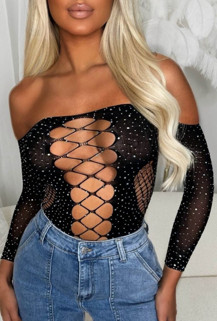 Best Taste Of Paradise Black Cut Out Mesh Hotfix Bodysuit Tops