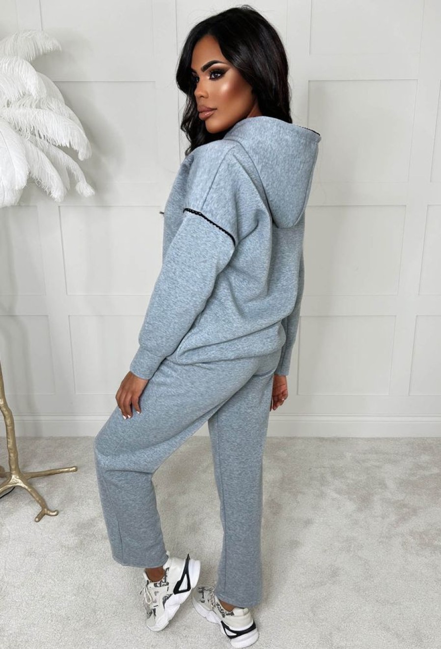 Best Stitch In Time Grey Two Piece Stitch Trim Hooded Loungewear Set Loungewear