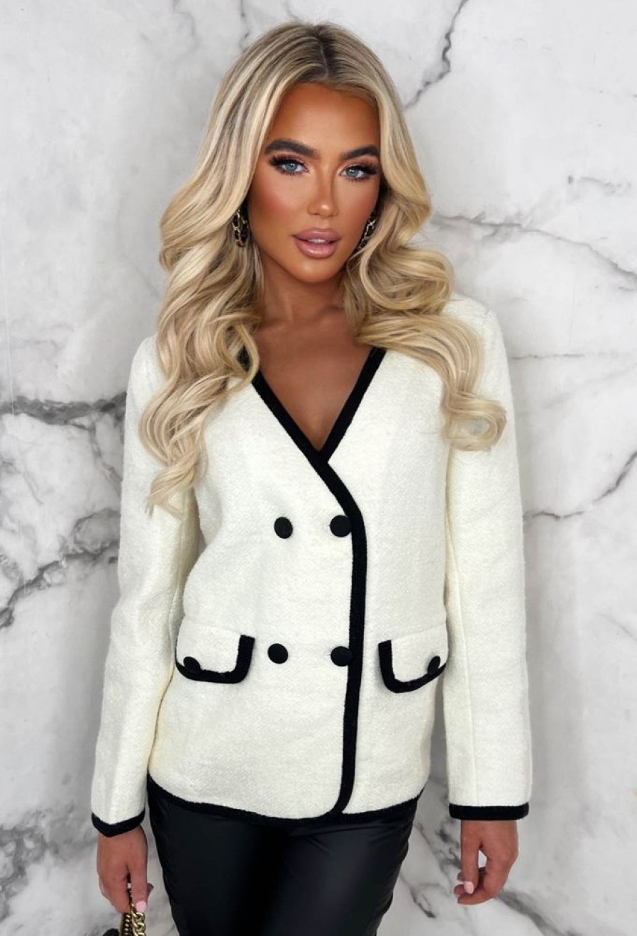 New Lavish Chic Cream Textured Contrast Collarless Jacket Limited Edition Coats And Jackets