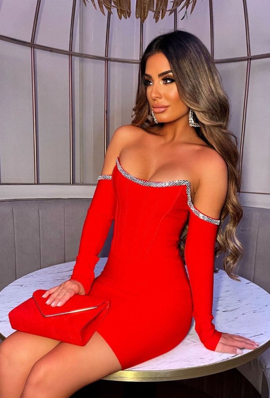 Clearance Diva Style Red Diamante Trim Corset Bandage Dress Bandage