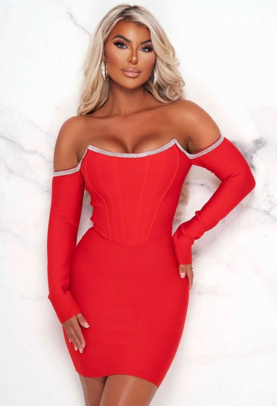 Clearance Diva Style Red Diamante Trim Corset Bandage Dress Bandage