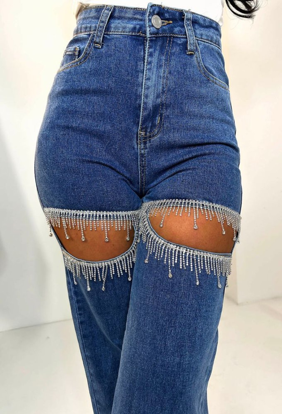 Online Dazzling Design Mid Blue Stretch Diamante Slashed Detail Wide Leg Jeans Jeans