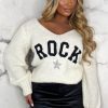 Clearance All Star Season Cream Embroidered Rock V-Neck Knit Jumper Limited Edition Tops