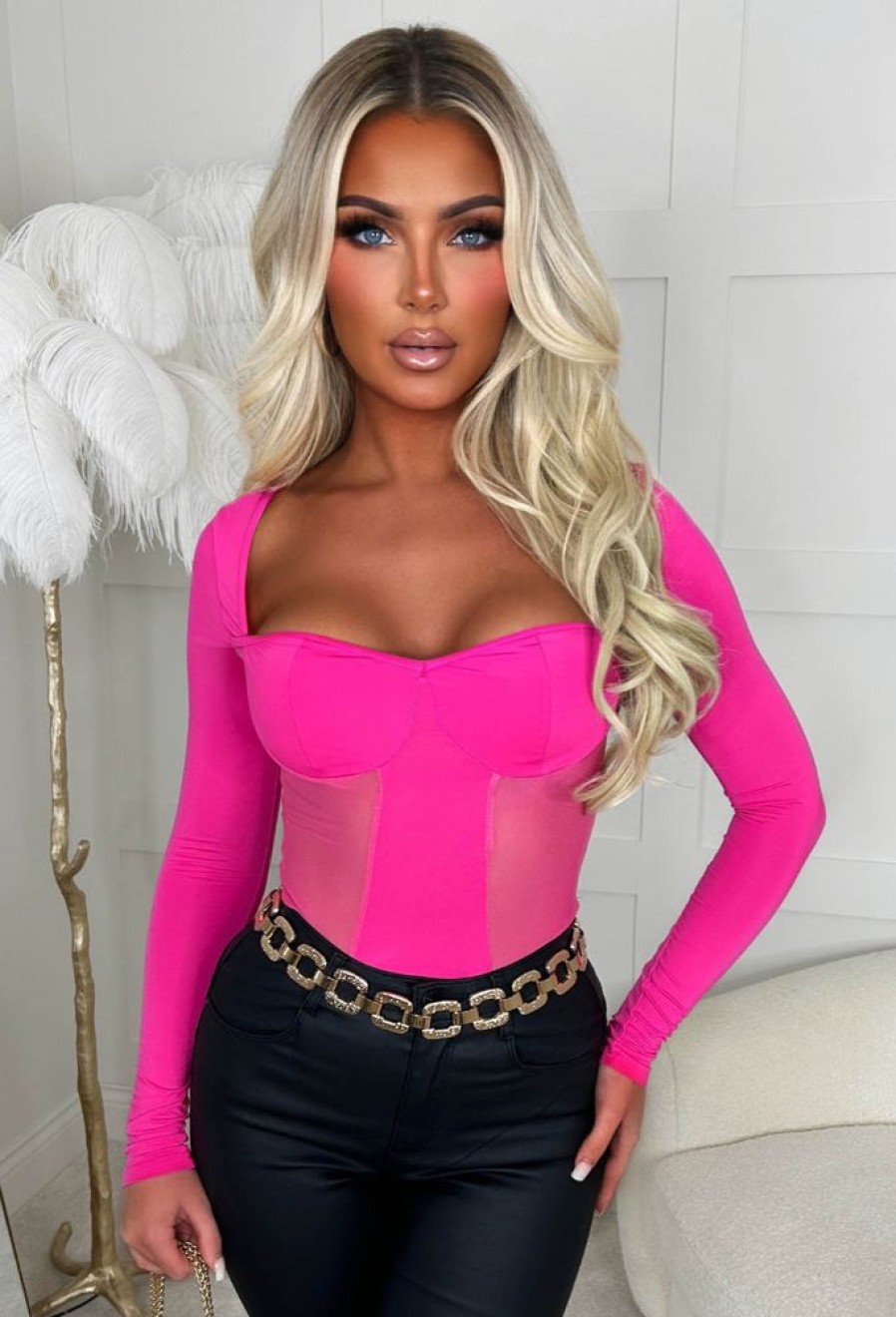 New Don'T Tempt Me Hot Pink Ultra Stretch Mesh Panel Bodysuit Bodysuits