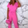 Hot Everyday Elegance Pink Elasticated Hem Belted Jumpsuit Jumpsuits