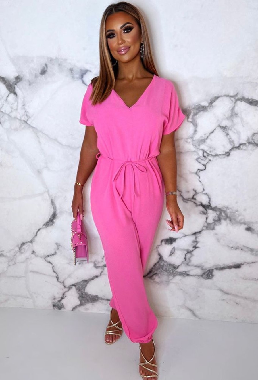 Hot Everyday Elegance Pink Elasticated Hem Belted Jumpsuit Jumpsuits