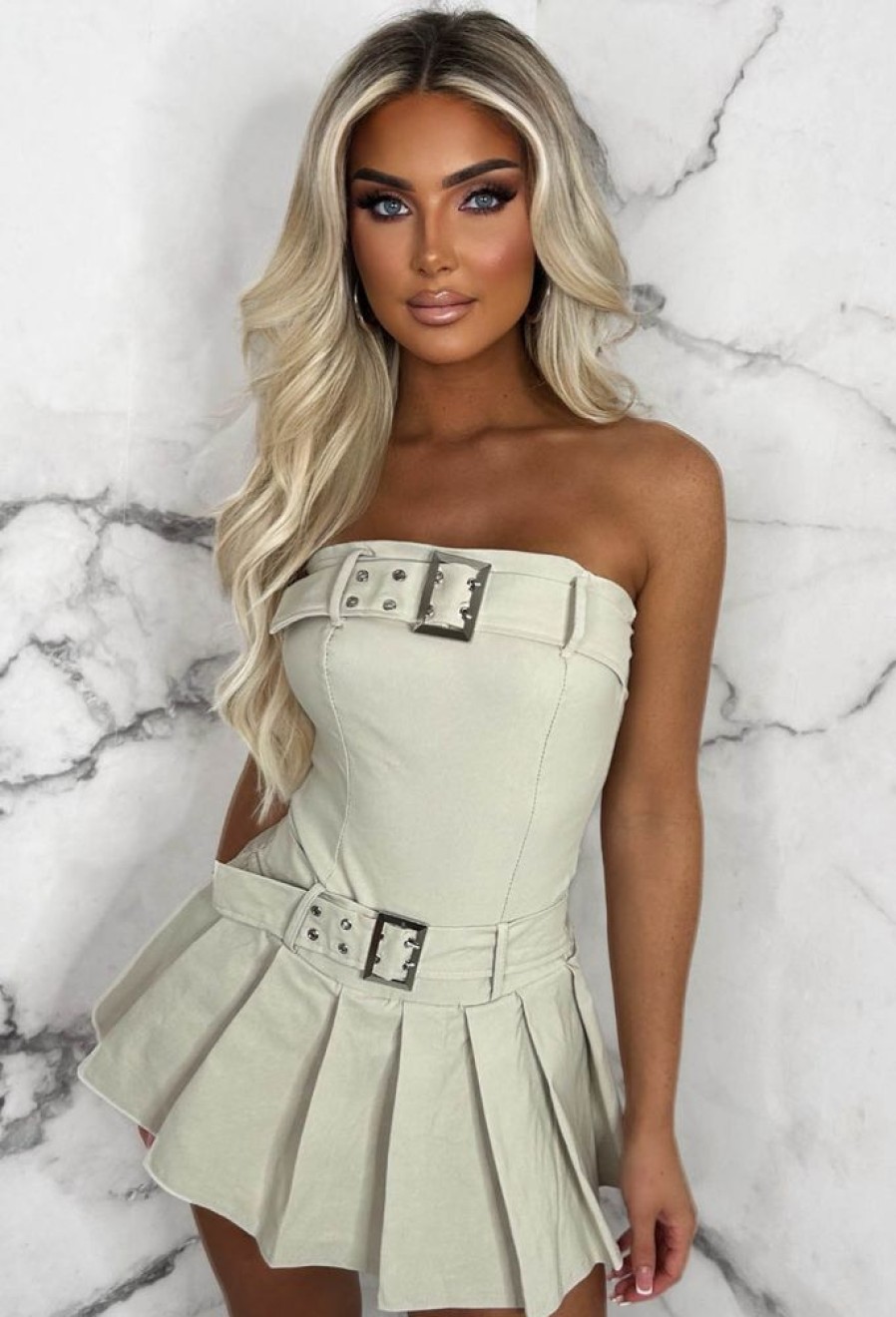 Hot Belted Babe Stone Bandeau Stretch Pleated Skort Playsuit Playsuits