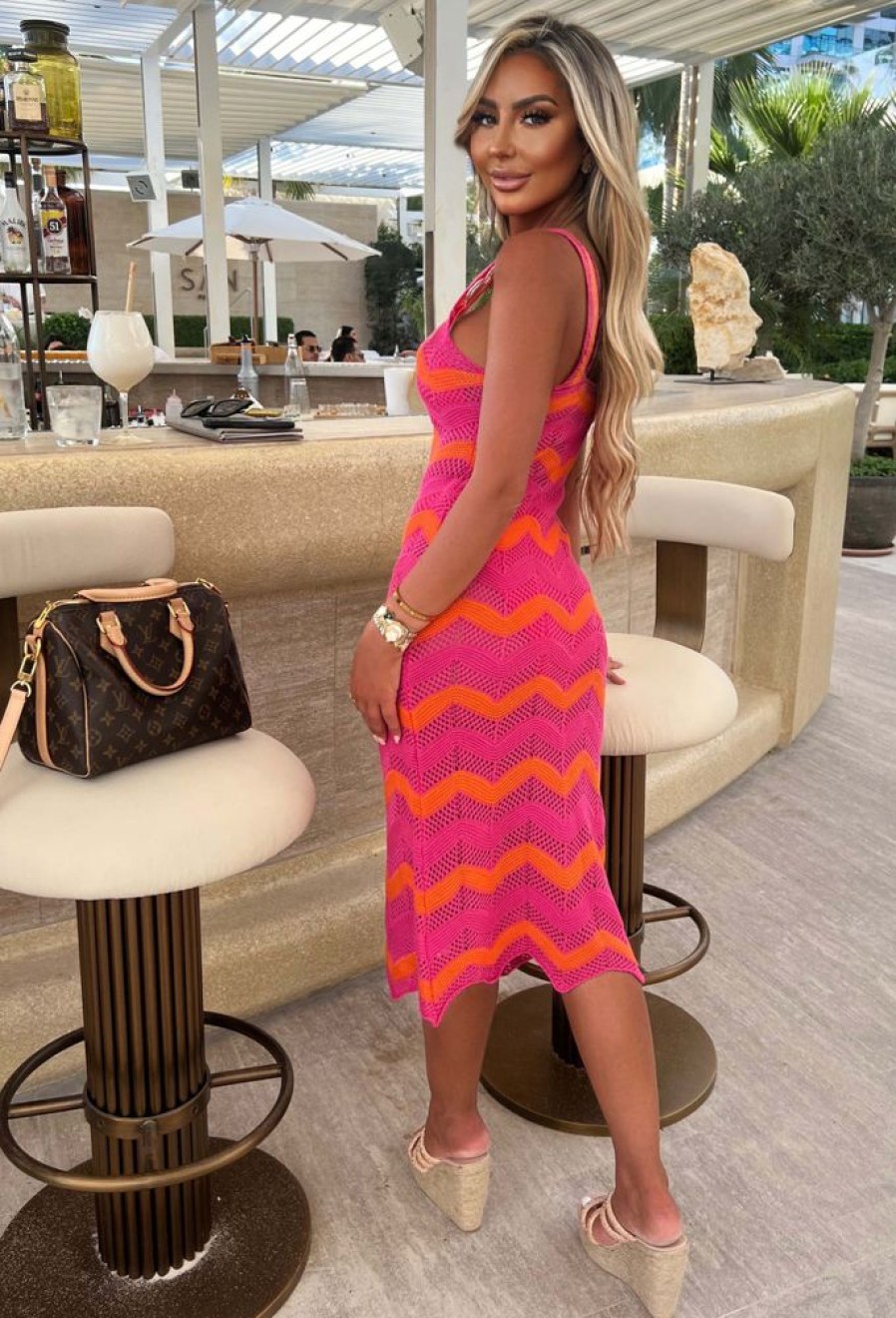 Clearance Heatwaves Hot Pink Zig Zag Cami Knitted Midi Dress Summer Dresses