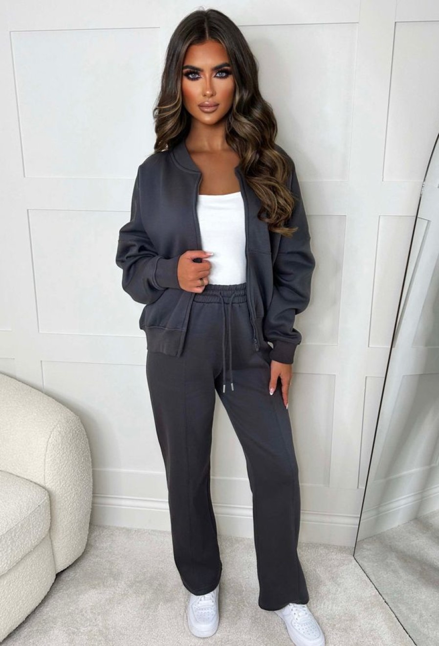 New Love On Replay Grey Bomber Jacket And Straight Leg Jogger Loungewear Set Loungewear