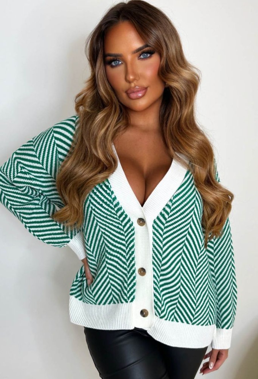 Online All For Fun Green Striped Knit Cardigan Knitwear